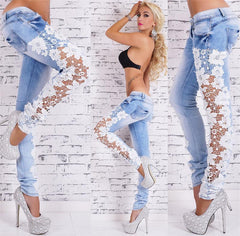 Sexy Stretch Denim Pants with Crochet Lace Detail – Low Rise Skinny Fit