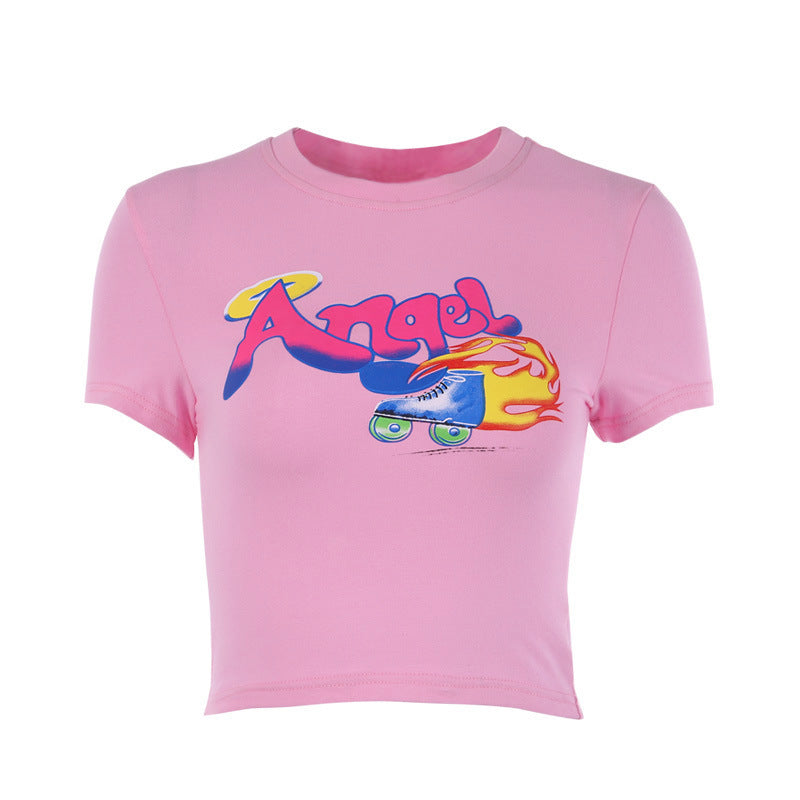 Cute Angel Graphic Crop Top – Short Sleeve, Round Neck