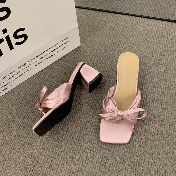 French Style High-grade Satin Bow Chunky Heel Sandals Women's Outer Wear  High Heels