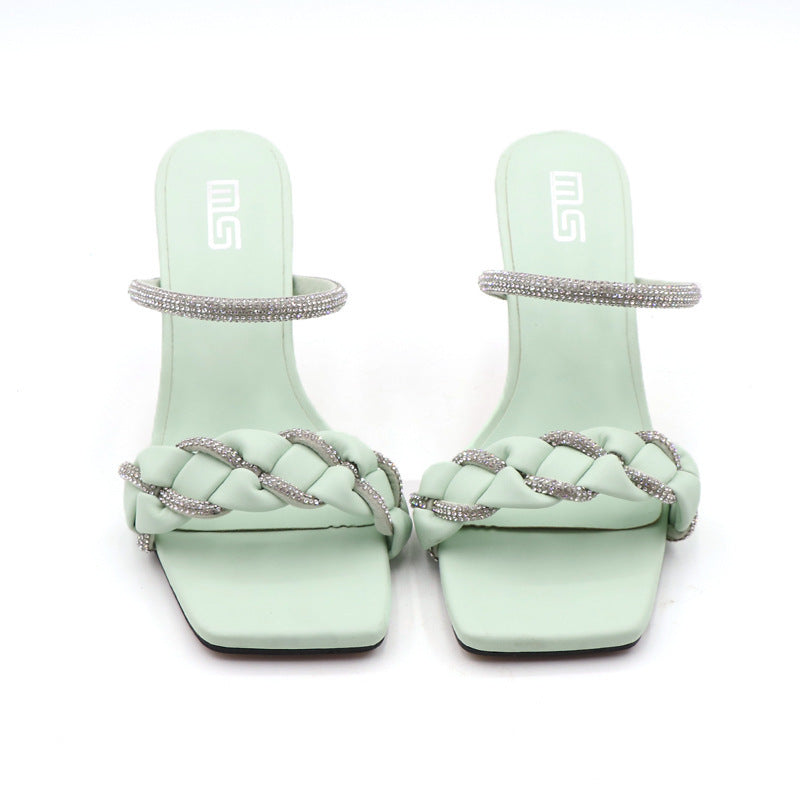 One Word With Rhinestone High-heeled Half Sandals