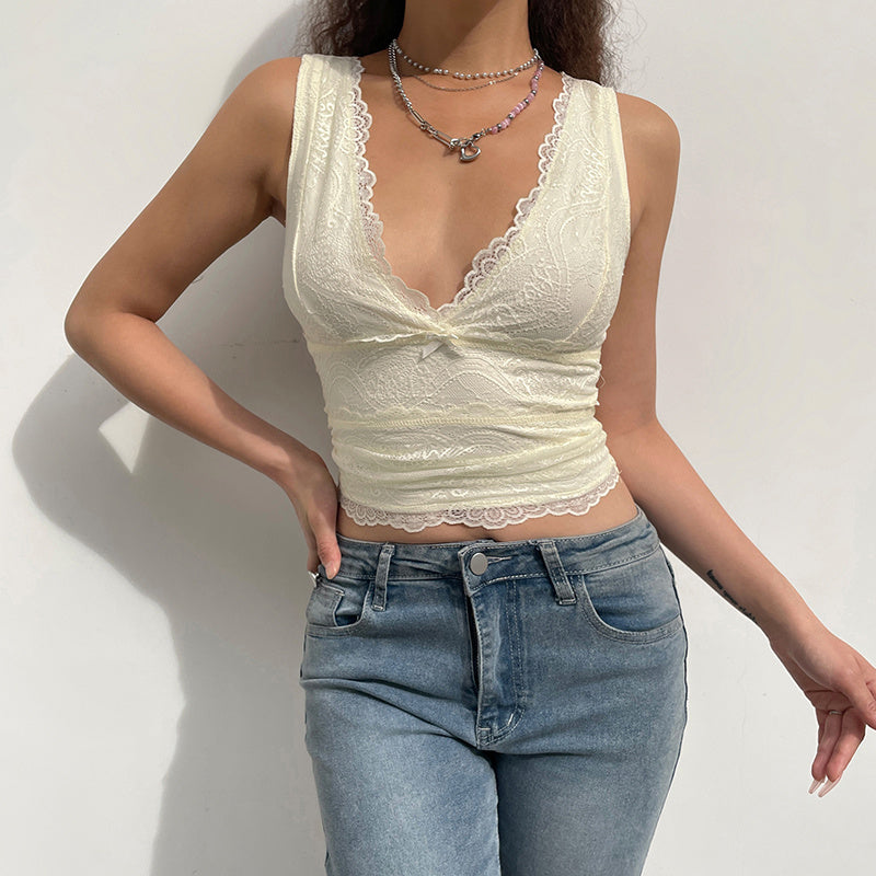 Double Layer Vest With Large V-neck Lace