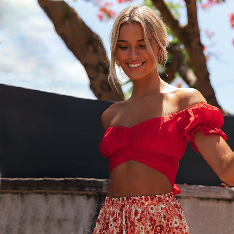 Women V-Neck Puff Sleeve Cropped Top