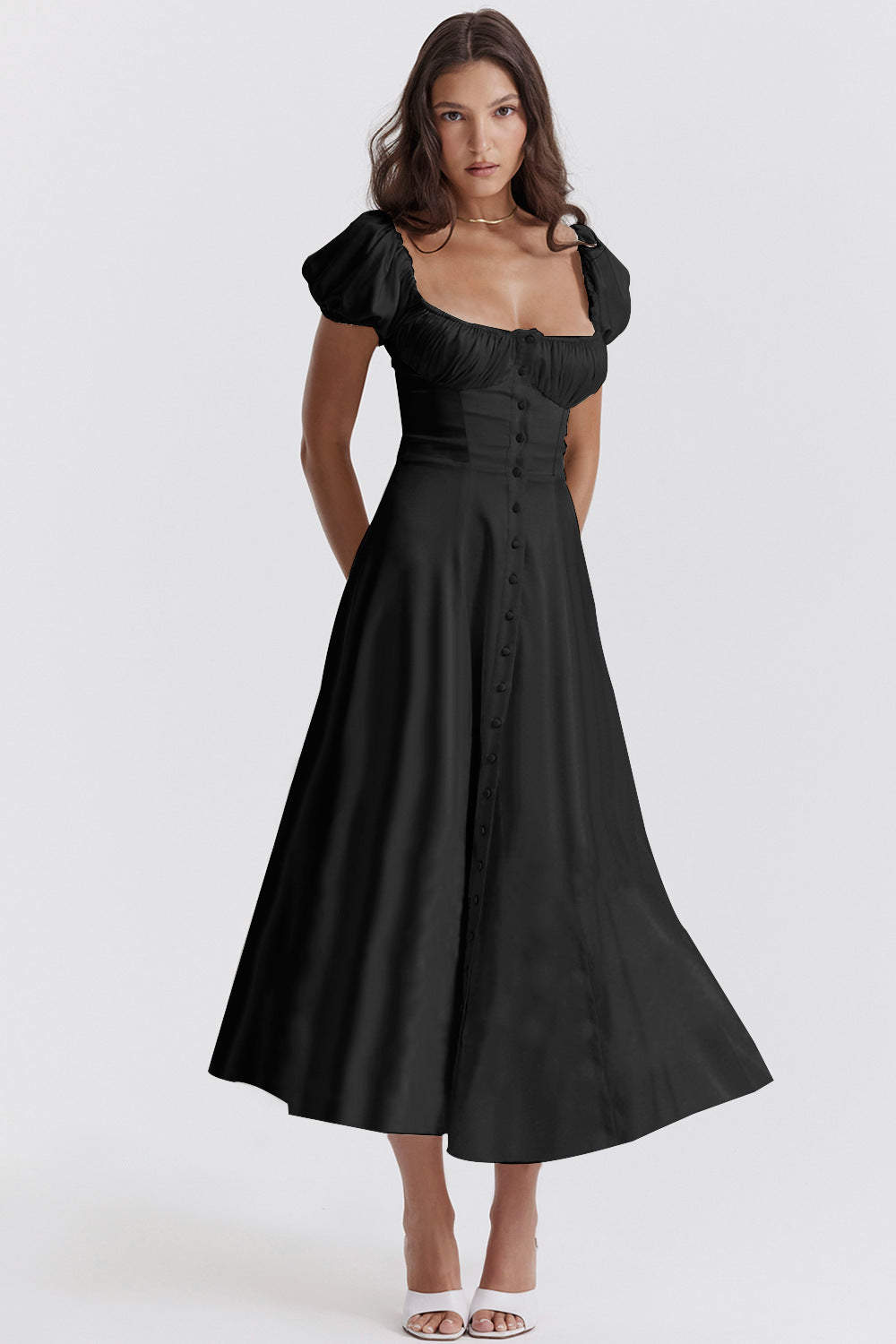 Summer Cross-border Puff Sleeve Solid Color High-end French Dress