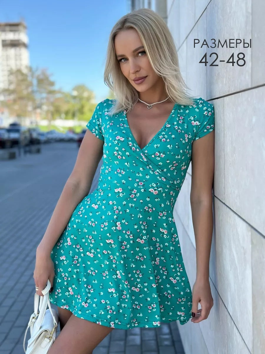 V-neck Short Sleeve Floral Knitted Dress