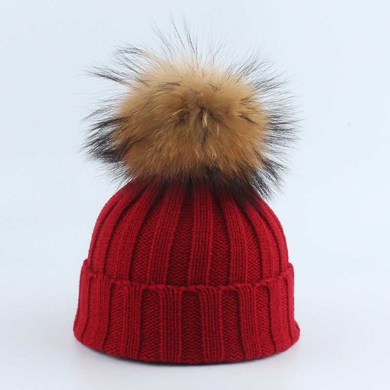 Parent-Child Children Raccoon Dog Fur Ball Hat Thermal Knitting - Wine Red / Adult 55to60cm - Hat