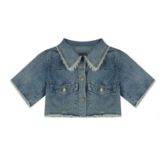 Vintage Washed Burlap Short Shirt Denim Set