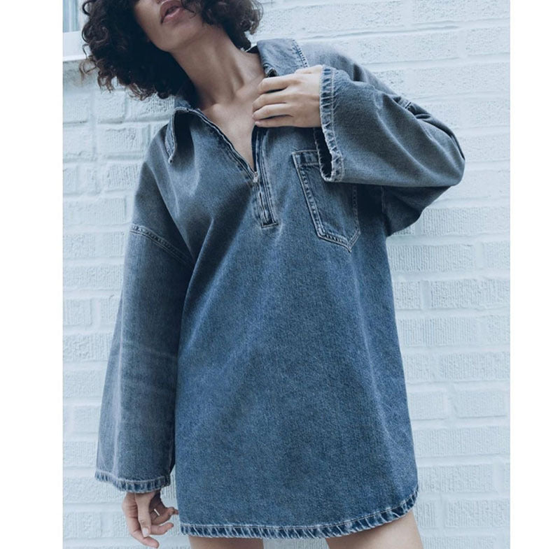 Lapel Patch Pocket Bell Sleeve Denim Dress - Blue / L - Shirt