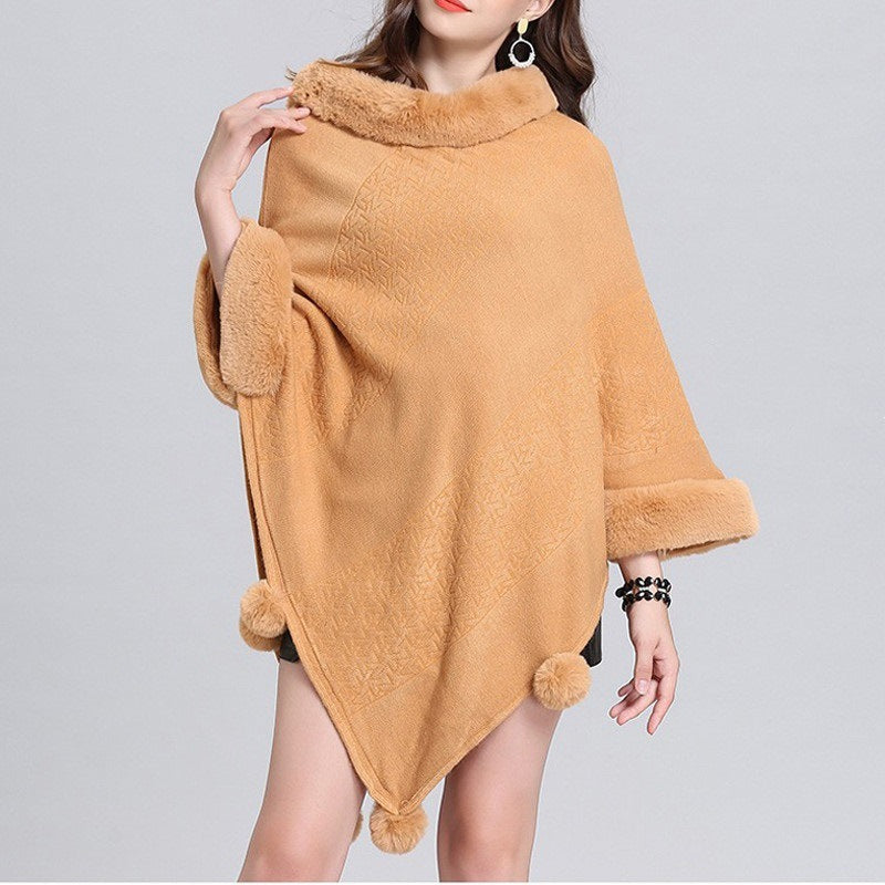 Autumn And Winter Fox Fur Collar Hit Color Cloak Shawl