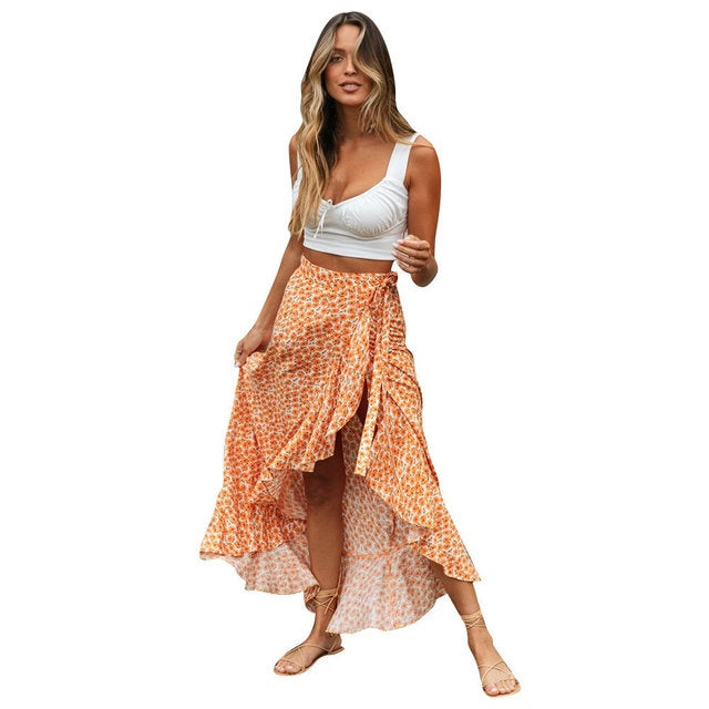Women's Vintage Boho Maxi Skirt – Yellow Floral Print Rayon Cotton Beachwear with Ruffles and Asymmetrical Split