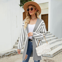 Women's Clothing V-neck Color-block Striped Loose Oversized Cardigan