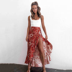 Women's Vintage Boho Maxi Skirt – Yellow Floral Print Rayon Cotton Beachwear with Ruffles and Asymmetrical Split