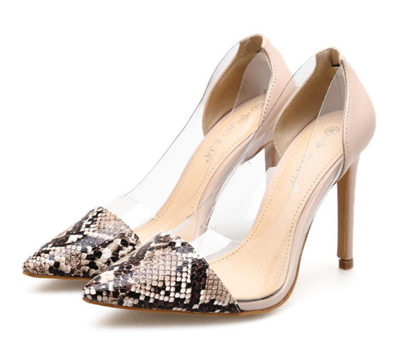 New snake print transparent high-heeled shoes women