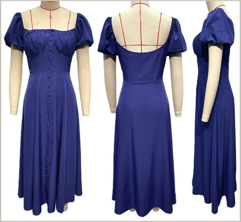 Summer Cross-border Puff Sleeve Solid Color High-end French Dress