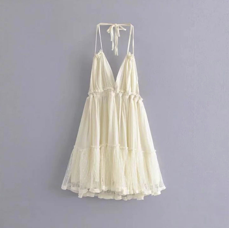 Halter Backless Mesh Stitching Dress Suspender Skirt