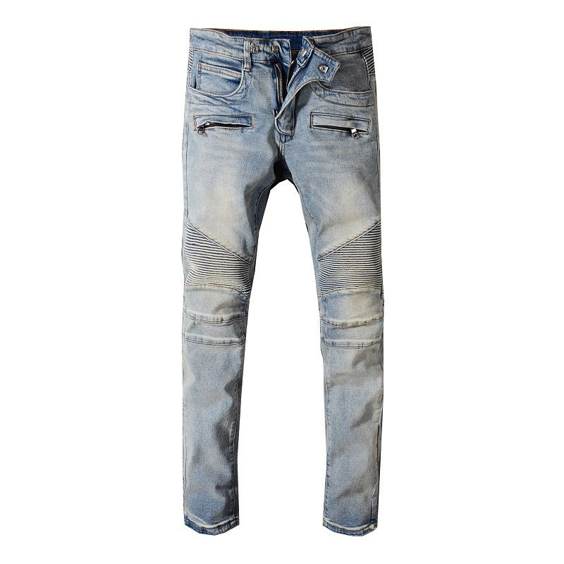 Balmain-Inspired Black Slim Fit Motorcycle Denim for Men