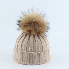 Parent-Child Children Raccoon Dog Fur Ball Hat Thermal Knitting - Beige / Adult 55to60cm - Hat