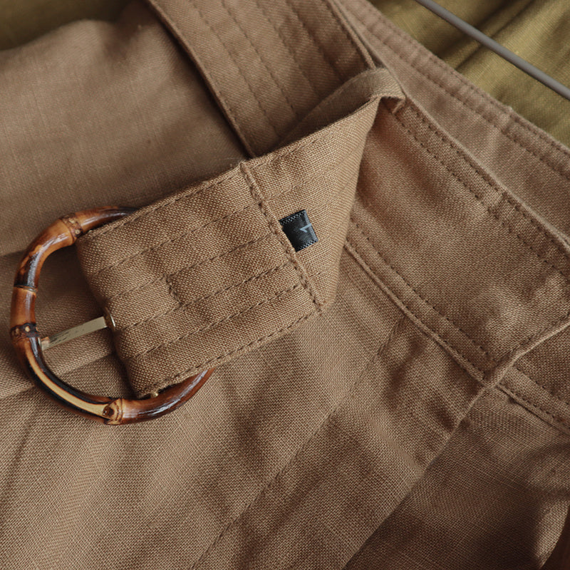 Linen Bamboo Belt Round Buckle High Waist Wide Leg Shorts