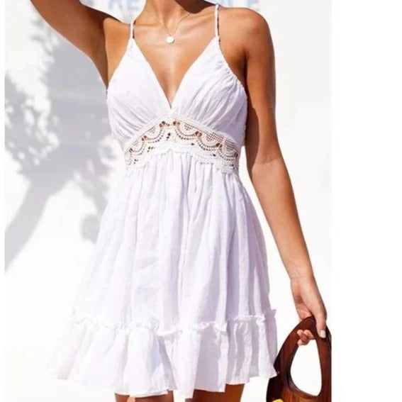 Women's Summer Mini Dress – Sexy Sleeveless V-Neck Lace Dress with Bow Tie Back and Ruffle Hem, White Beach Style