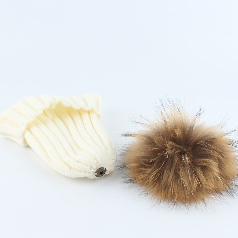 Parent-Child Children Raccoon Dog Fur Ball Hat Thermal Knitting - Hat