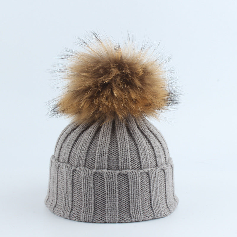 Parent-Child Children Raccoon Dog Fur Ball Hat Thermal Knitting - Light Gray / Adult 55to60cm - Hat