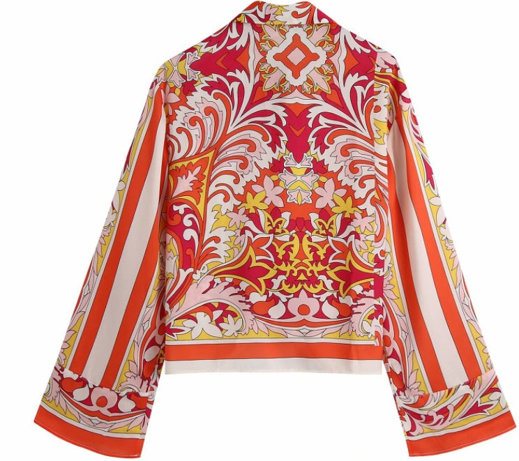 Lapel Long Sleeve Hem Knotted Shirt High Waist Print Short Style