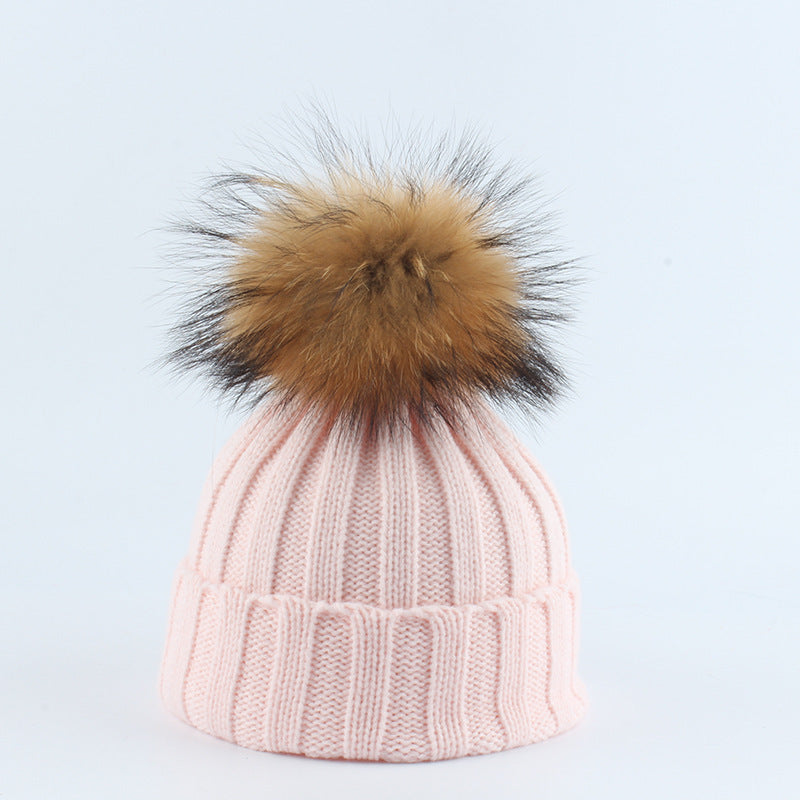 Parent-Child Children Raccoon Dog Fur Ball Hat Thermal Knitting - Pink / Adult 55to60cm - Hat
