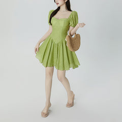 Socialite Style Temperament Square Collar Puff Sleeve Waist-tight Dress
