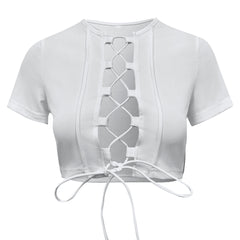 Women's Fashion Short Slim Hollow Straps Stitching Short Sleeve