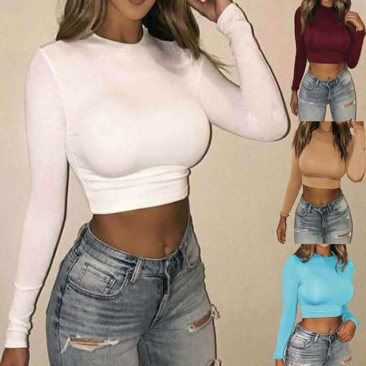 LOPILY Women’s Solid Round Neck Long Sleeve Crop Top