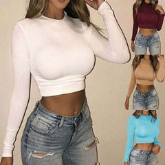 LOPILY Women’s Solid Round Neck Long Sleeve Crop Top