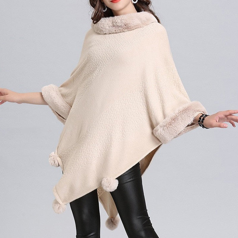 Autumn And Winter Fox Fur Collar Hit Color Cloak Shawl