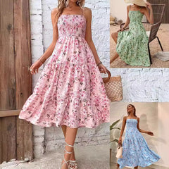 Floral Print Ruffle Hem Ruched Strap Dress – Summer Sleeveless Sundress for Women