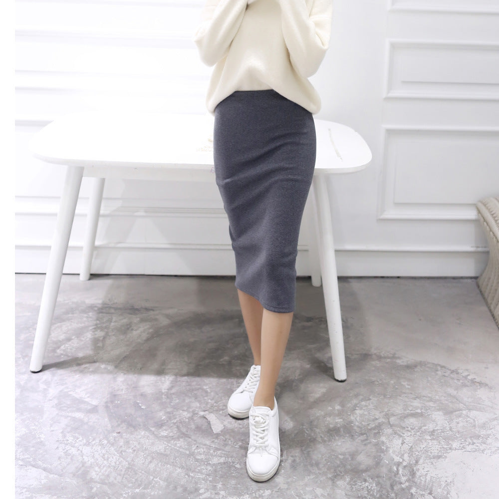 Women's Autumn Winter Bodycon Knit Skirt – Stretchable Mid-Calf Slim Pencil Skirt with Side Split
