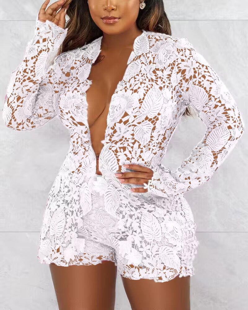 European And American Fashion Hollowed-out Solid Color Shirt Long Sleeve Shorts Two-piece Set