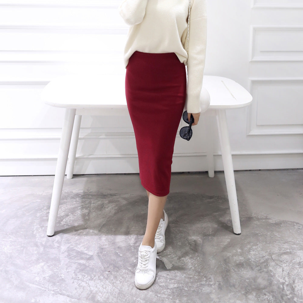 Women's Autumn Winter Bodycon Knit Skirt – Stretchable Mid-Calf Slim Pencil Skirt with Side Split