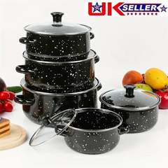 5pcs Enamel Stockpot Set – Non-Stick Cooking Pots with Glass Lids (Black)