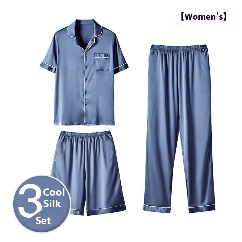 Ice Silk Home Wear Suit Men’s Three-piece Suit - Blue 3Pcs Women / 3XL - Hat