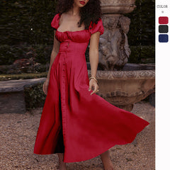Summer Cross-border Puff Sleeve Solid Color High-end French Dress