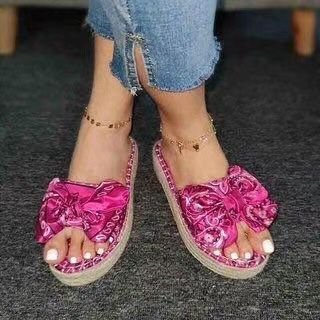 Hemp Straw Bow Slippers Satin Vintage Beach
