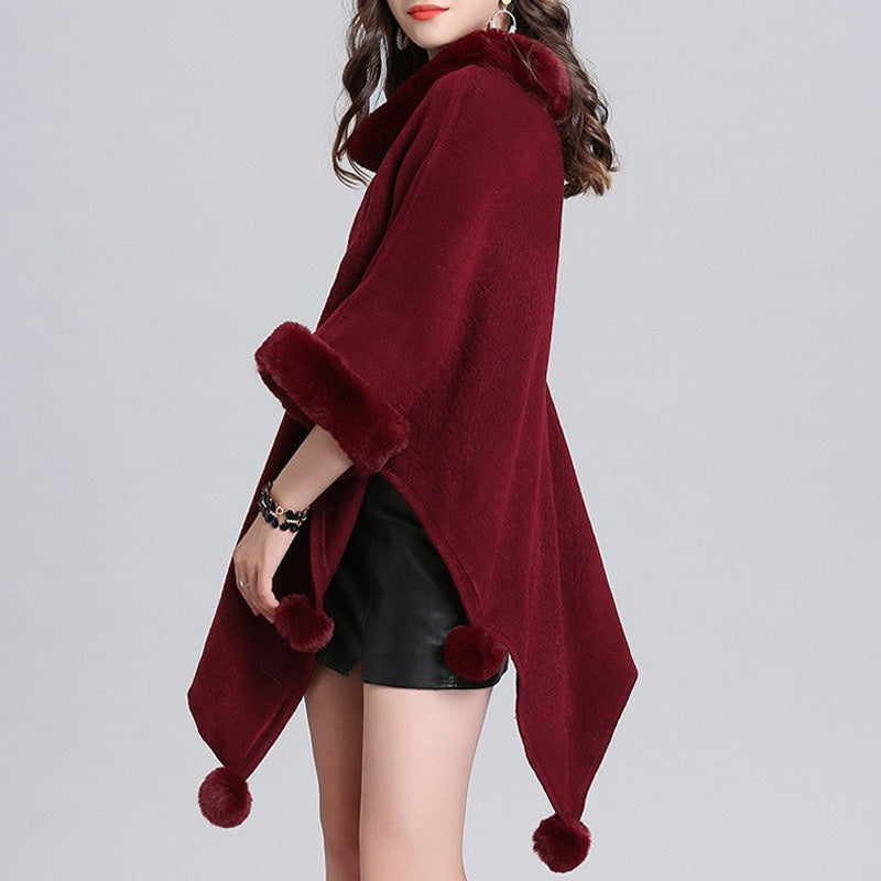 Autumn And Winter Fox Fur Collar Hit Color Cloak Shawl