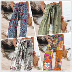 Fashionable Floral Art Printed Elastic Waist Drawstring Pocket Trousers