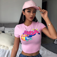 Cute Angel Graphic Crop Top – Short Sleeve, Round Neck
