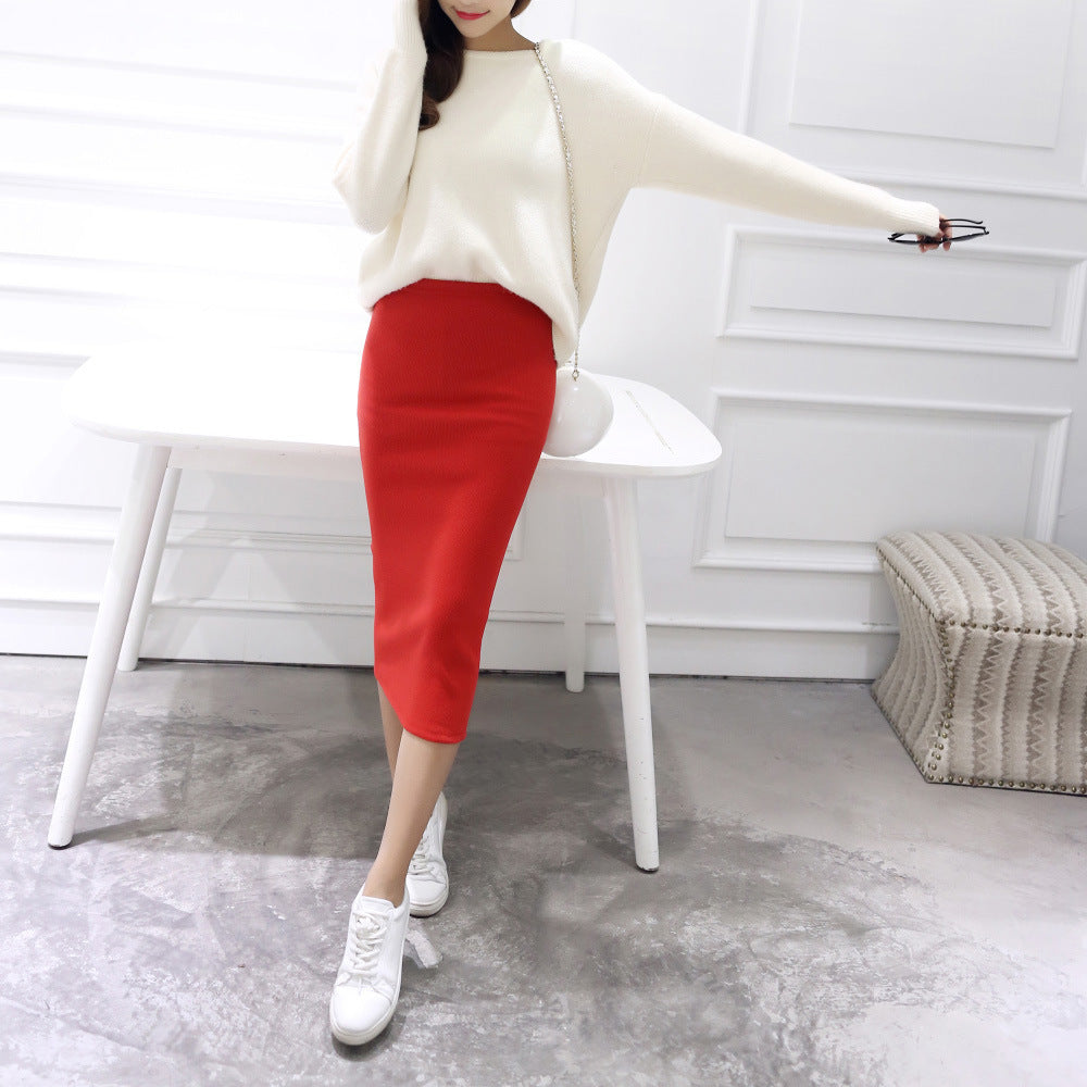 Women's Autumn Winter Bodycon Knit Skirt – Stretchable Mid-Calf Slim Pencil Skirt with Side Split