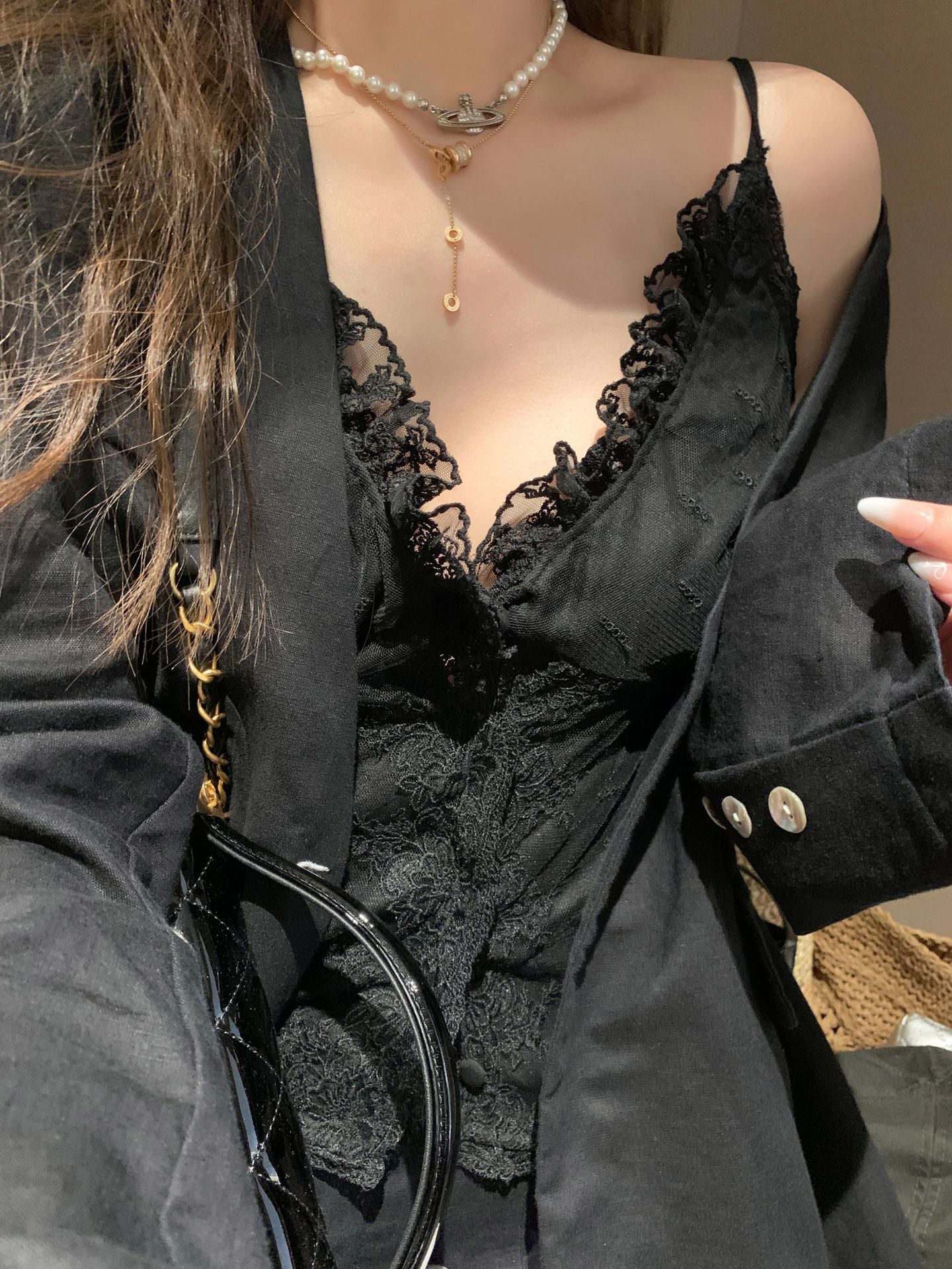 Lace Strap Stitching Solid Color Slim Single-breasted Versatile Holiday Pure Desire Summer New