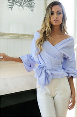 DishyKooker Slim Fit Puff Sleeve Off-Shoulder V-Neck Blouse