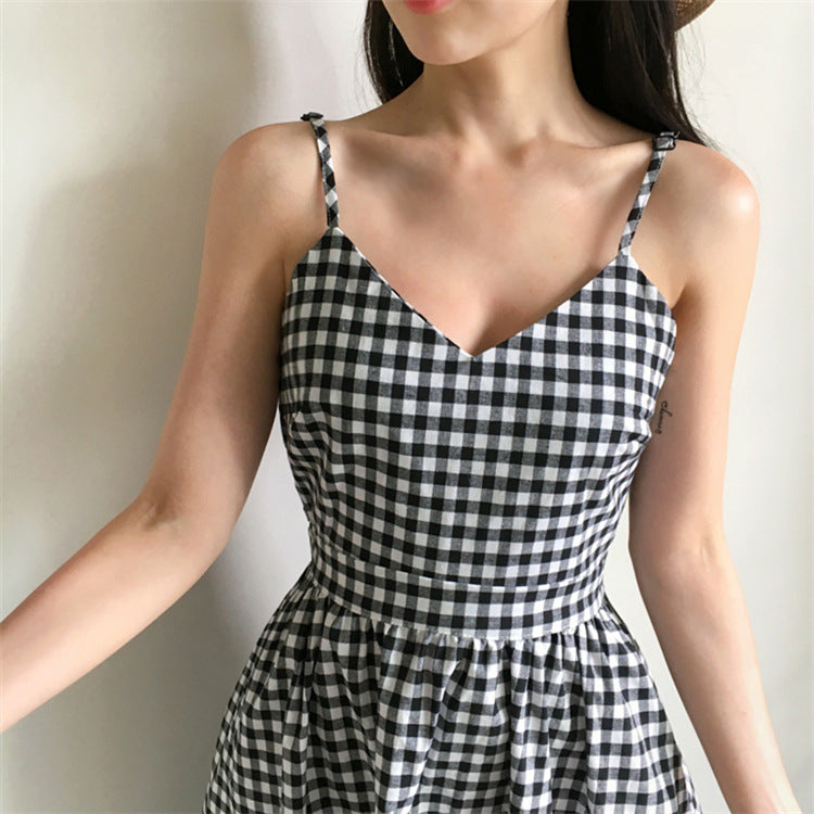Women's Black and White Checkered Strapless Dress – Summer Slim-Fit A-Line Suspender Maxi Dress