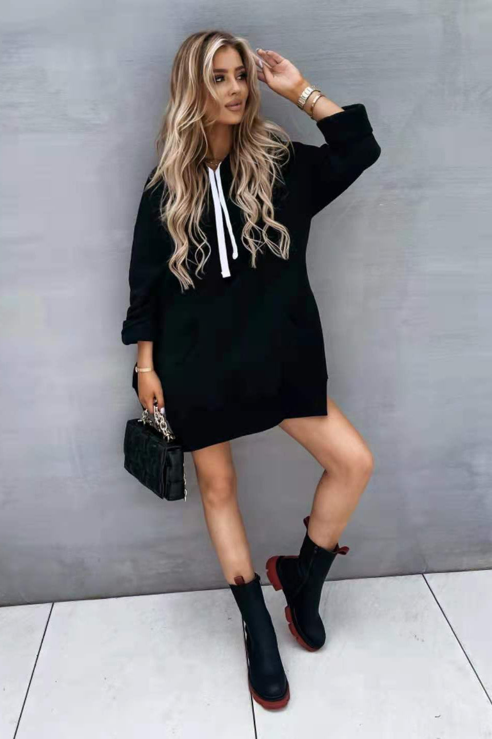 Fleece Loose Side Slit Hooded Long-sleeved Sweater Women's Clothing