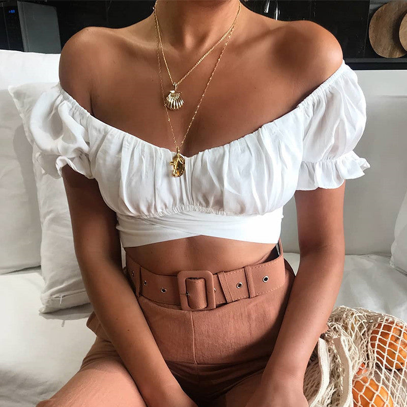 Women V-Neck Puff Sleeve Cropped Top