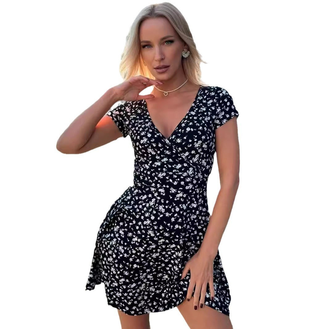 V-neck Short Sleeve Floral Knitted Dress