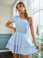 New Fashion Plaid Blue High Waist Pullover Dress